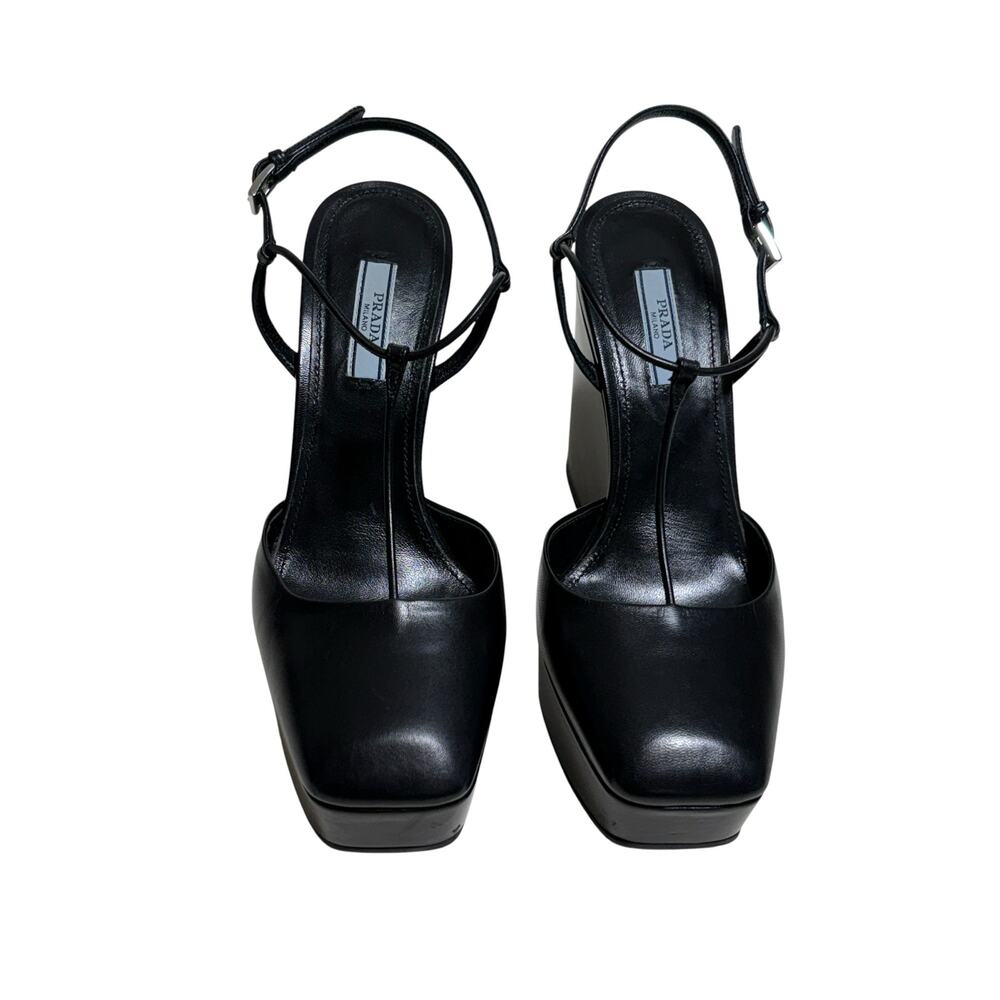 Prada Black Leather Wedge Sandals Size 38 EU 8 US - Picture 2 of 10